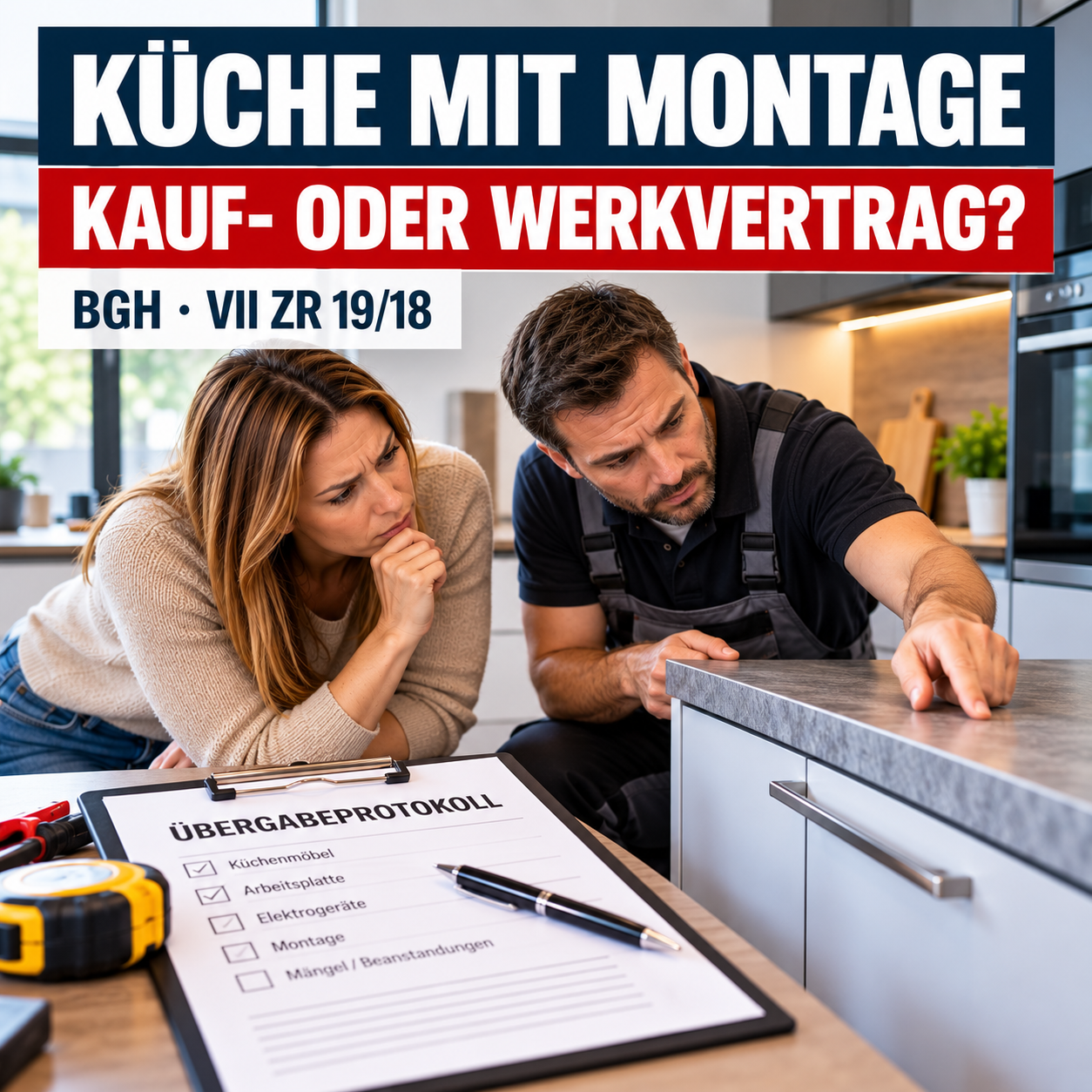 Käuferin und Küchenmonteur prüfen eine Arbeitsplatte und ein Übergabeprotokoll – BGH-Urteil zur rechtlichen Einordnung einer Einbauküche mit Montage.