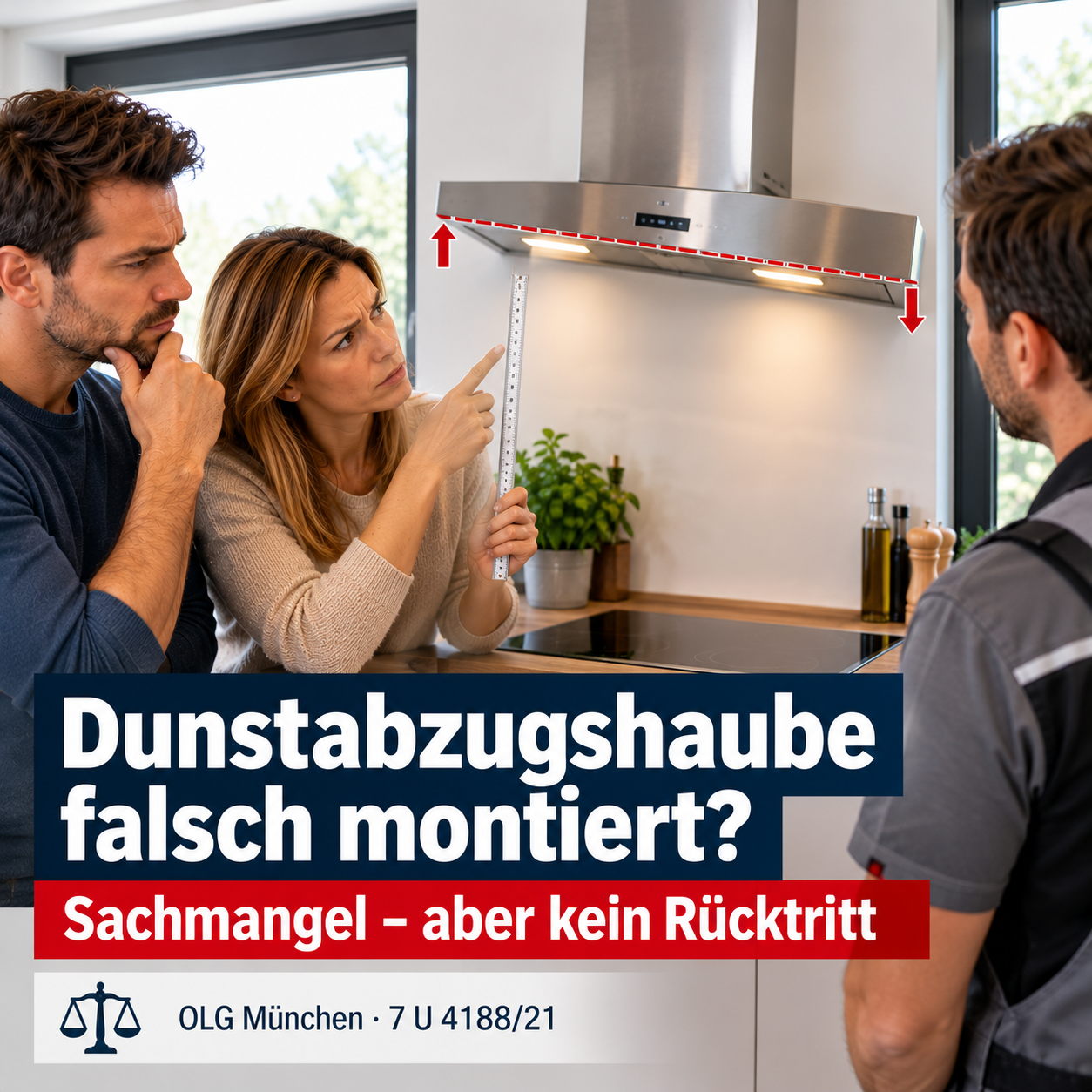 Falsch montierte Dunstabzugshaube in einer Einbauküche – Käufer prüfen die Ausrichtung und besprechen den Montagefehler mit einem Handwerker.