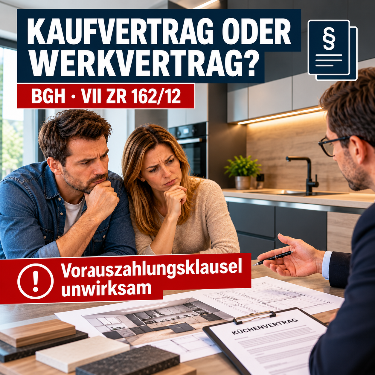 Kaufvertrag oder Werkvertrag bei einer individuell geplanten Einbauküche – Käufer prüfen Vertragsbedingungen und Vorauszahlungen.
