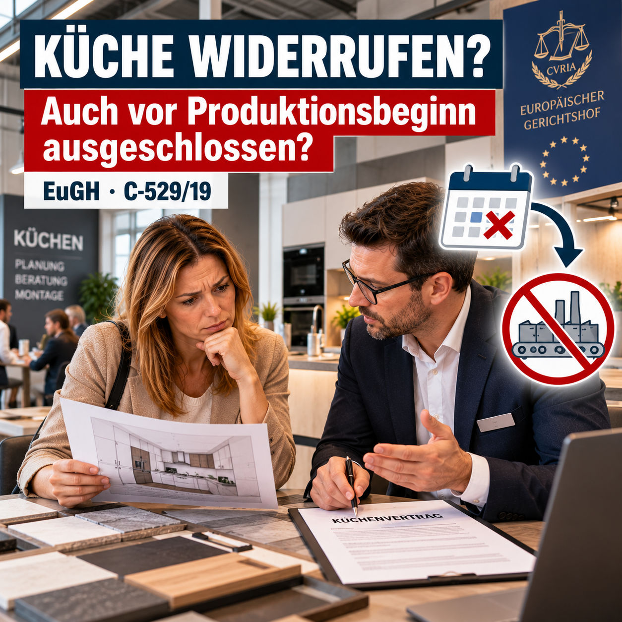 Käuferin prüft einen Küchenvertrag im Möbelhaus – EuGH-Urteil zum Widerruf einer maßgefertigten Einbauküche vor Produktionsbeginn.