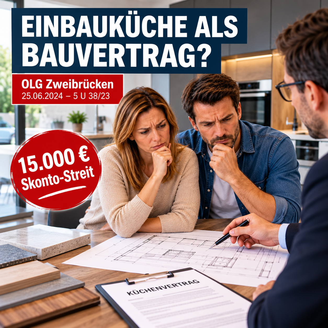 Einbauküche als Bauvertrag – Küchenkäufer besprechen einen Küchenvertrag und eine umstrittene Skontoklausel über mehr als 15.000 Euro.